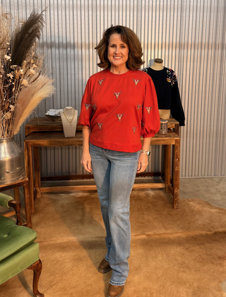 Umgee Western Steer Head Embroidered Top