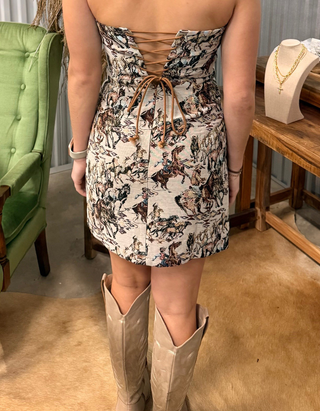 Cowboy Scene Tapestry Strapless Corset Mini Dress